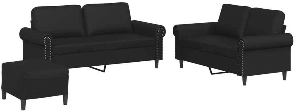 Sofa Sofos komplektas su pagalvėlėmis, 3 dalių, juodas, dirbtinė oda
