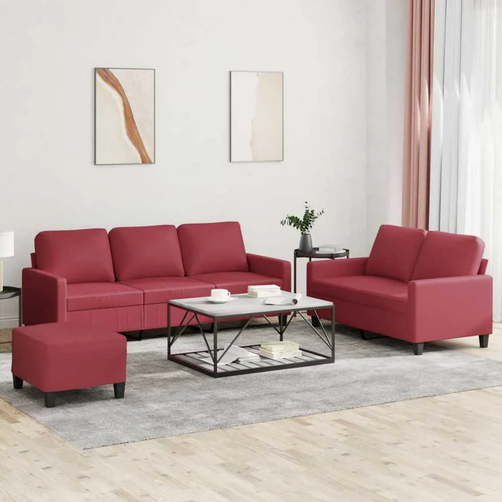 Sofa Sofos komplektas su pagalvėlėmis, 3 dalių, vyno, dirbtinė oda
