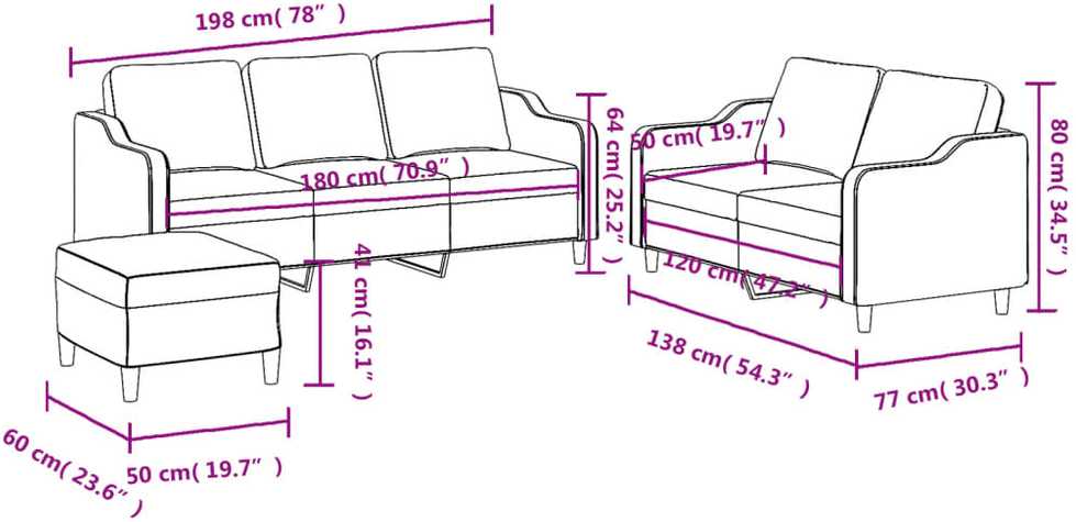 Sofa Sofos komplektas su pagalvėlėmis, 3 dalių, rudas, audinys