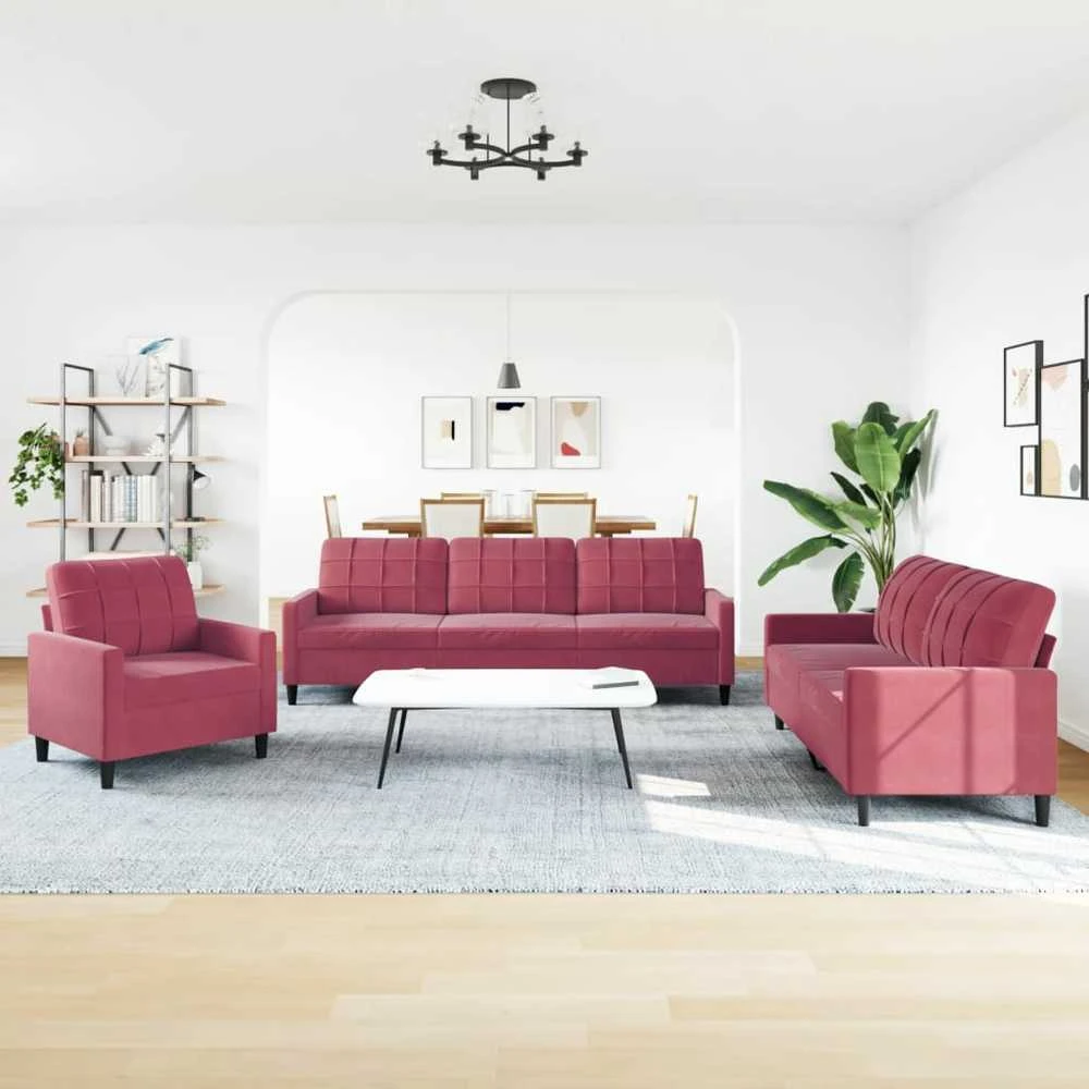 Sofa Sofos komplektas su pagalvėlėmis, 3 dalių, vyno, aksomas