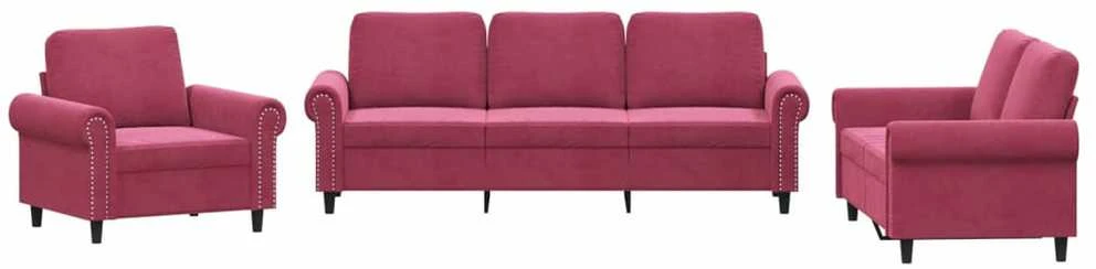 Sofa Sofos komplektas su pagalvėlėmis, 3 dalių, vyno, aksomas