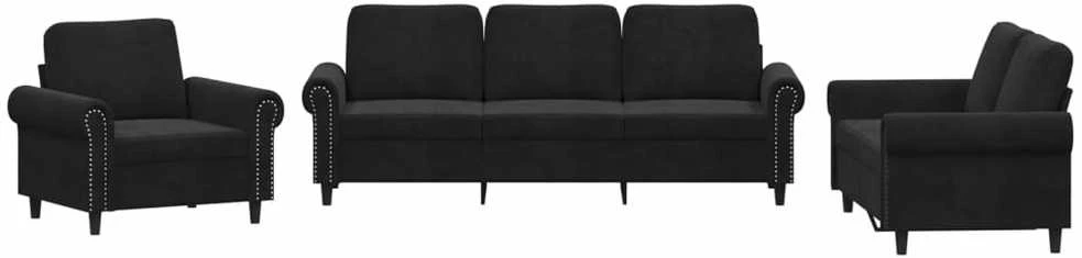 Sofa Sofos komplektas su pagalvėlėmis, 3 dalių, juodas, aksomas