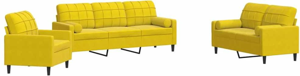 Sofa Sofos komplektas su pagalvėlėmis, 3 dalių, geltonas, aksomas