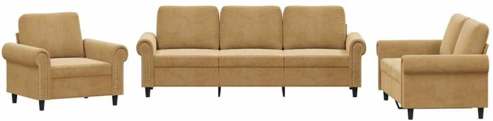 Sofa Sofos komplektas su pagalvėlėmis, 3 dalių, rudas, aksomas