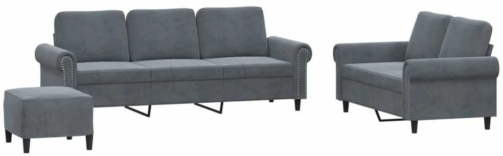 Sofa Sofos komplektas su pagalvėlėmis, 3 dalių, pilkas, aksomas