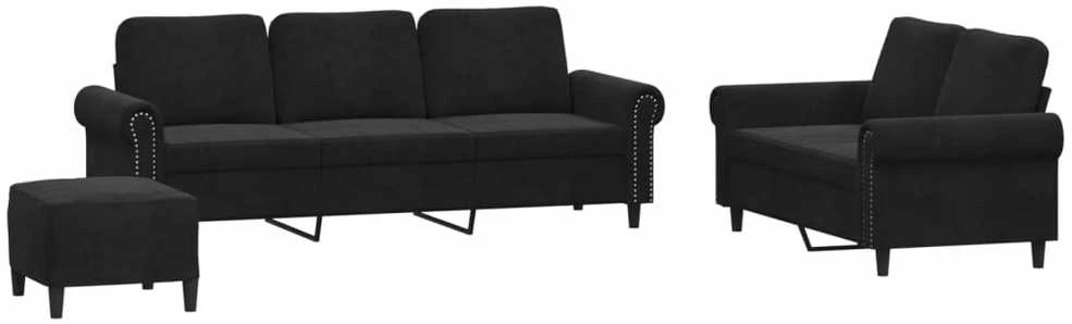 Sofa Sofos komplektas su pagalvėlėmis, 3 dalių, juodas, aksomas