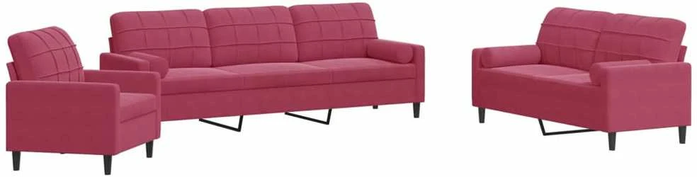 Sofa Sofos komplektas su pagalvėlėmis, 3 dalių, vyno, aksomas