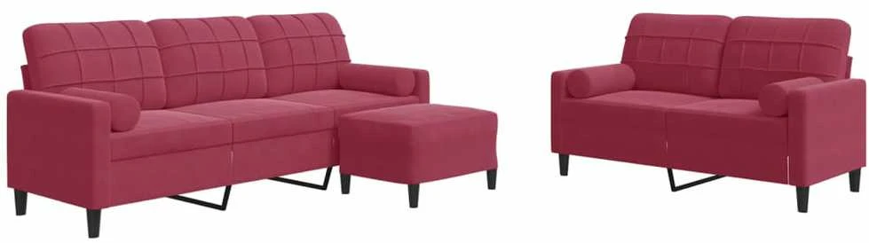 Sofa Sofos komplektas su pagalvėlėmis, 3 dalių, vyno, aksomas