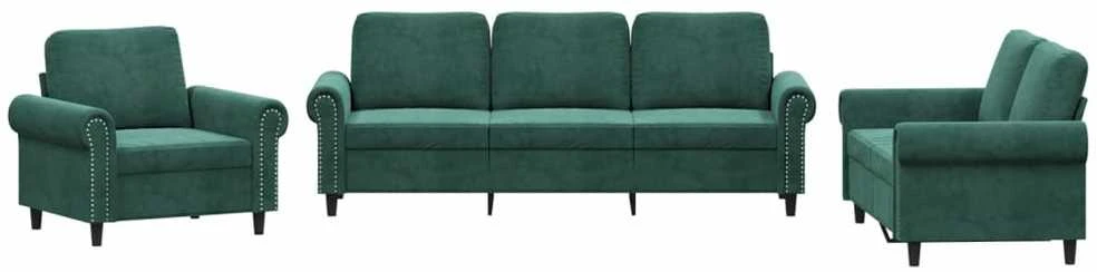 Sofa Sofos komplektas su pagalvėlėmis, 3 dalių, žalias, aksomas