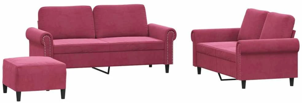 Sofa Sofos komplektas su pagalvėlėmis, 3 dalių, vyno, aksomas