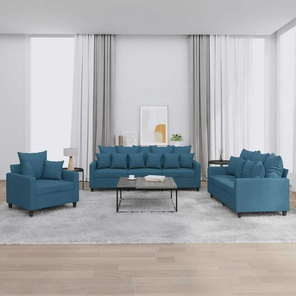 Sofa Sofos komplektas su pagalvėlėmis, 3 dalių, mėlynas, aksomas