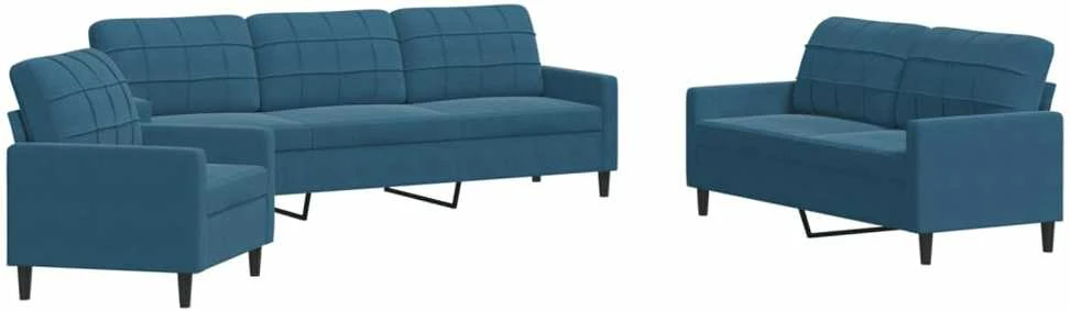 Sofa Sofos komplektas su pagalvėlėmis, 3 dalių, mėlynas, aksomas