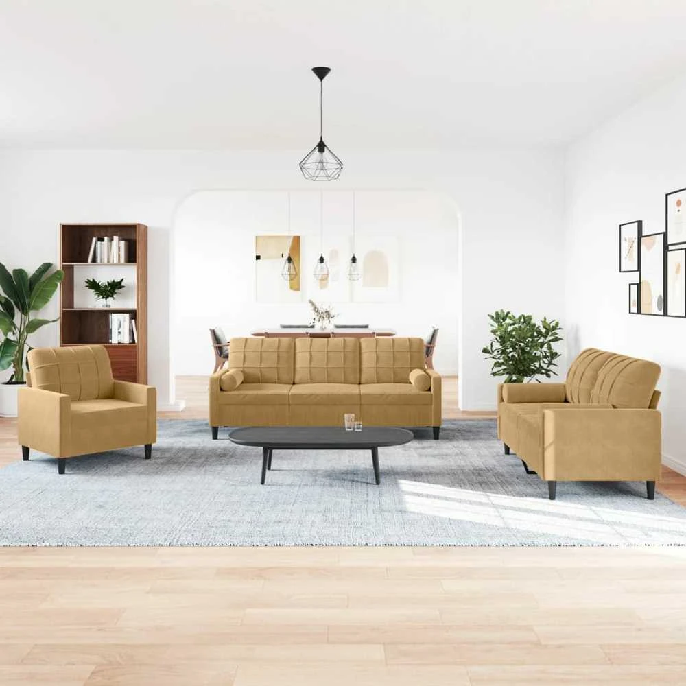 Sofa Sofos komplektas su pagalvėlėmis, 3 dalių, rudas, aksomas