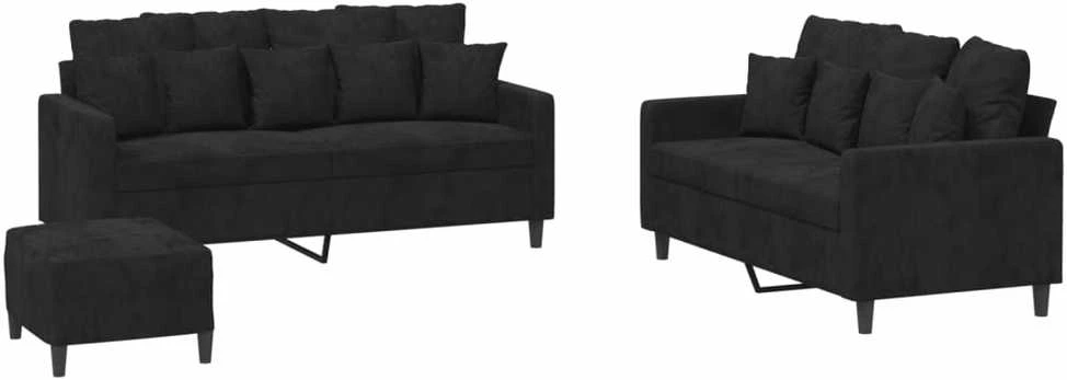 Sofa Sofos komplektas su pagalvėlėmis, 3 dalių, juodas, aksomas