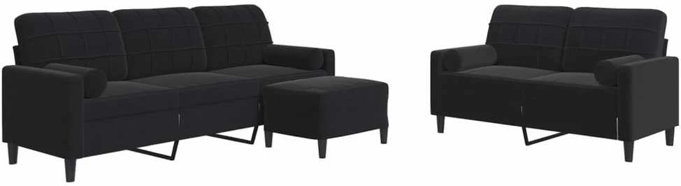 Sofa Sofos komplektas su pagalvėlėmis, 3 dalių, juodas, aksomas