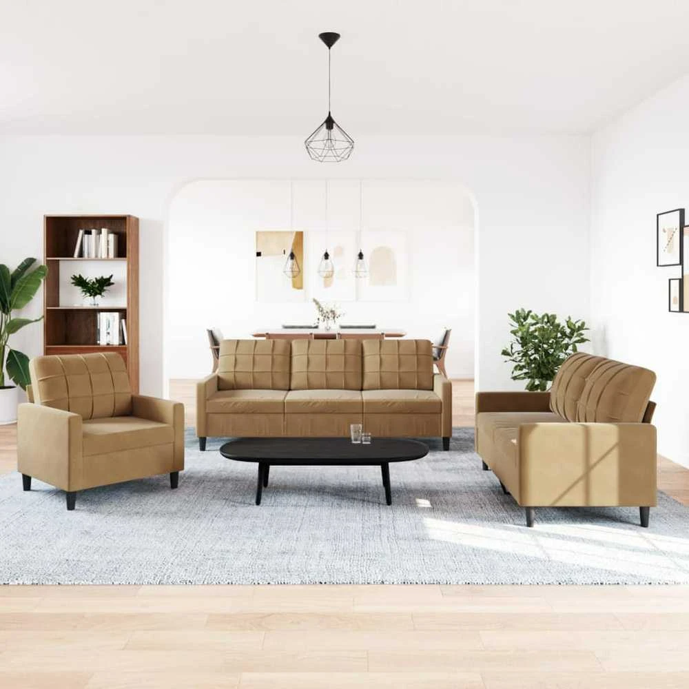 Sofa Sofos komplektas su pagalvėlėmis, 3 dalių, rudas, aksomas