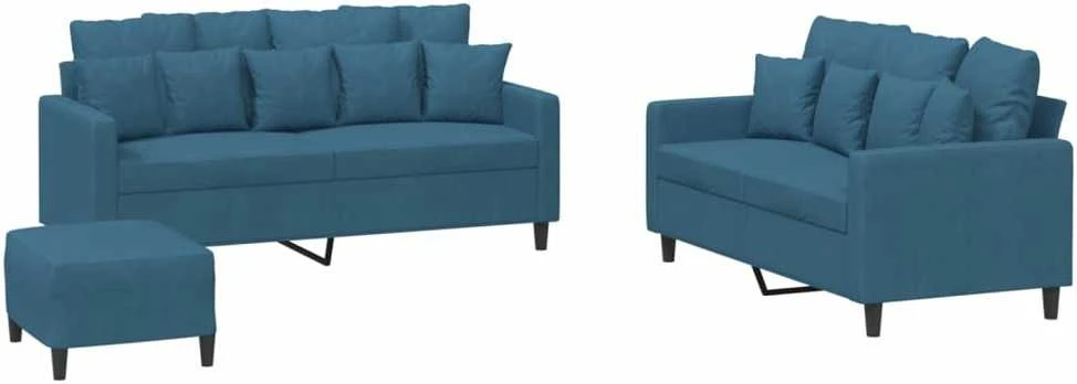 Sofa Sofos komplektas su pagalvėlėmis, 3 dalių, mėlynas, aksomas