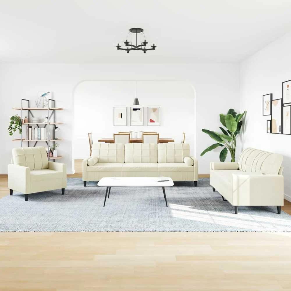 Sofa Sofos komplektas su pagalvėlėmis, 3 dalių, kreminis, aksomas