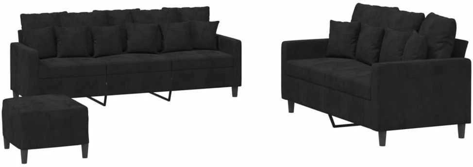 Sofa Sofos komplektas su pagalvėlėmis, 3 dalių, juodas, aksomas