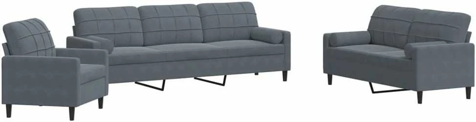Sofa Sofos komplektas su pagalvėlėmis, 3 dalių, pilkas, aksomas