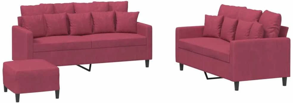 Sofa Sofos komplektas su pagalvėlėmis, 3 dalių, vyno, aksomas
