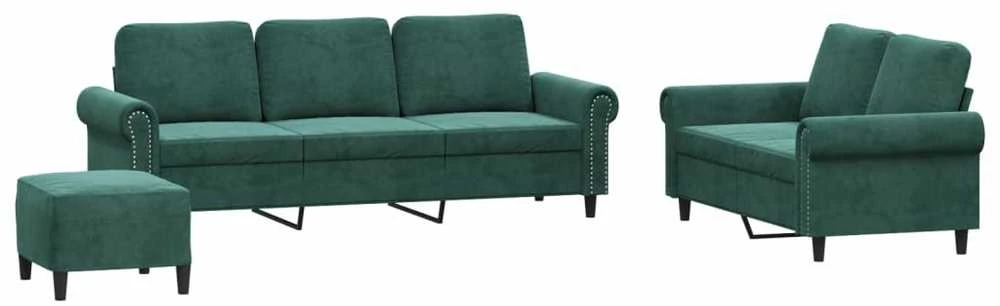 Sofa Sofos komplektas su pagalvėlėmis, 3 dalių, žalias, aksomas
