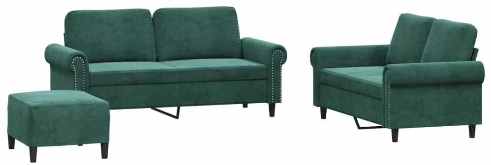 Sofa Sofos komplektas su pagalvėlėmis, 3 dalių, žalias, aksomas