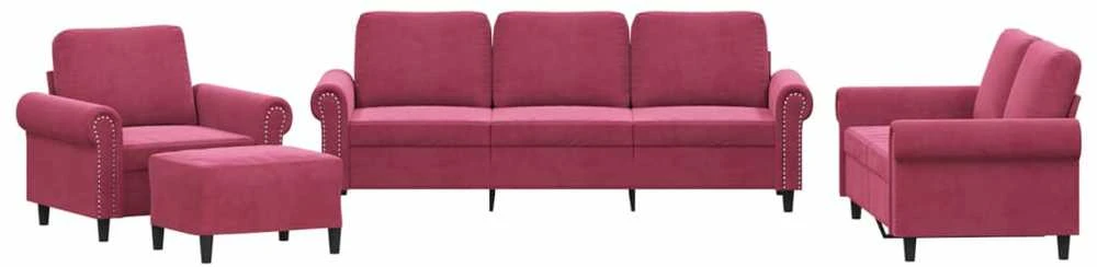 Sofa Sofos komplektas su pagalvėlėmis, 4 dalių, vyno, aksomas