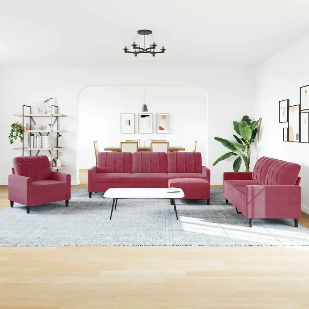 Sofa Sofos komplektas su pagalvėlėmis, 4 dalių, vyno, aksomas