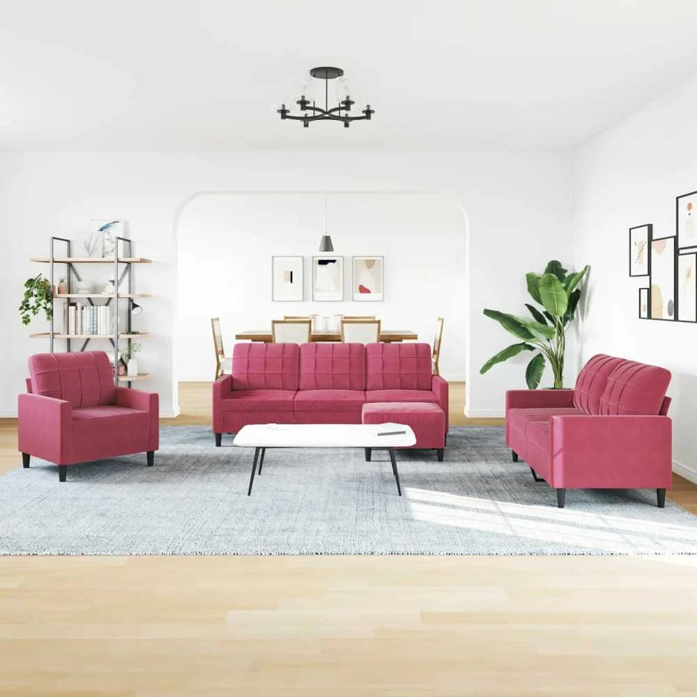 Sofa Sofos komplektas su pagalvėlėmis, 4 dalių, vyno, aksomas