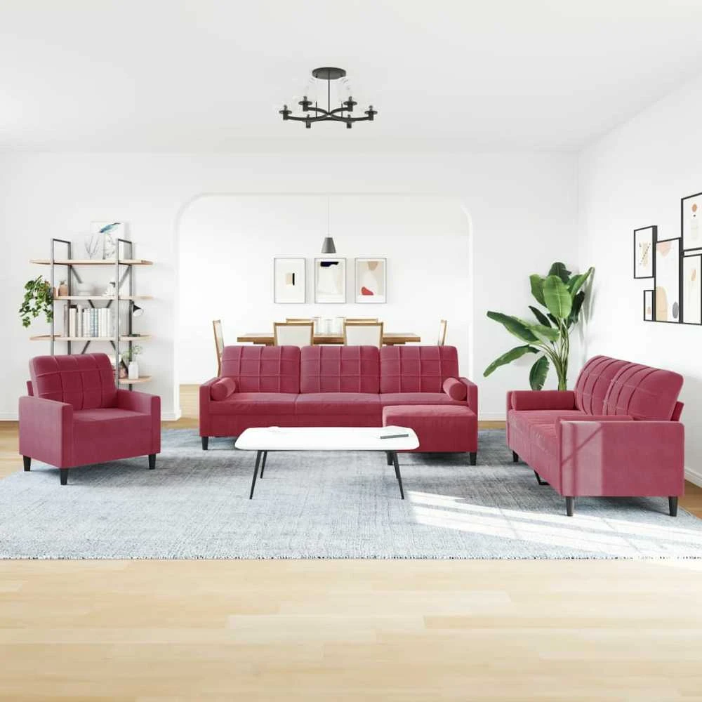 Sofa Sofos komplektas su pagalvėlėmis, 4 dalių, vyno, aksomas