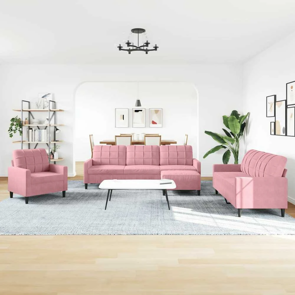 Sofa Sofos komplektas su pagalvėlėmis, 4 dalių, rožinis, aksomas