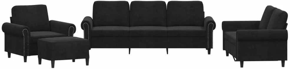Sofa Sofos komplektas su pagalvėlėmis, 4 dalių, juodas, aksomas