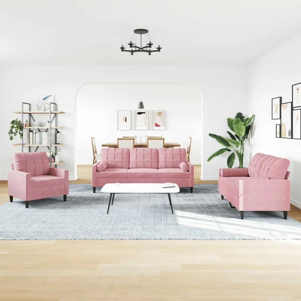 Sofa Sofos komplektas su pagalvėlėmis, 4 dalių, rožinis, aksomas