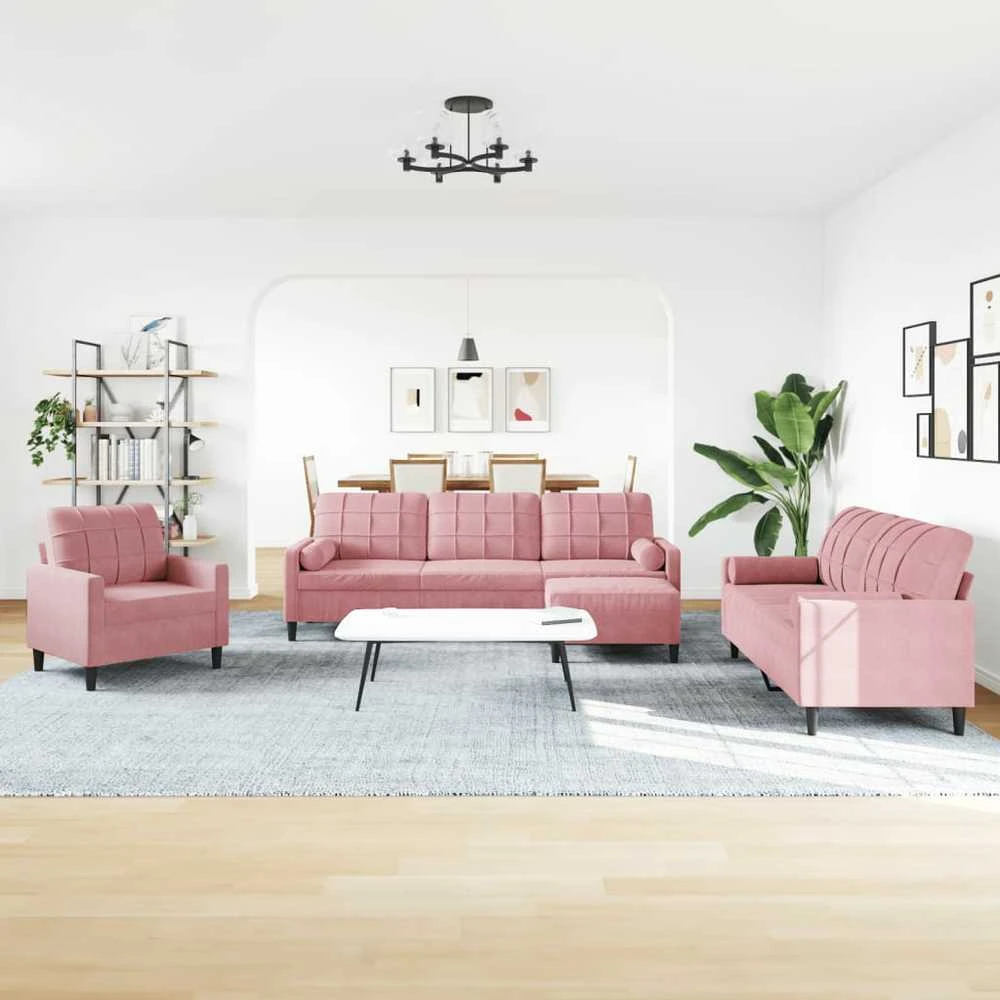 Sofa Sofos komplektas su pagalvėlėmis, 4 dalių, rožinis, aksomas