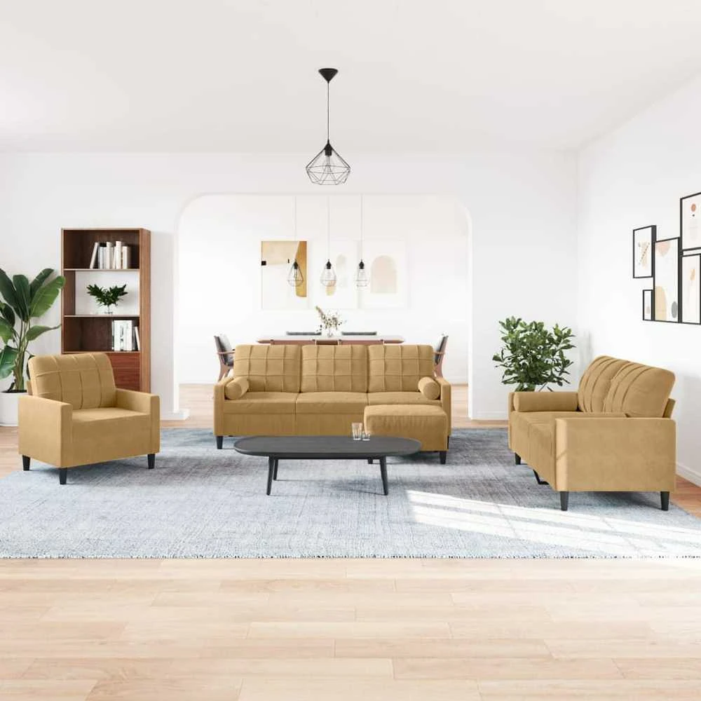 Sofa Sofos komplektas su pagalvėlėmis, 4 dalių, rudas, aksomas