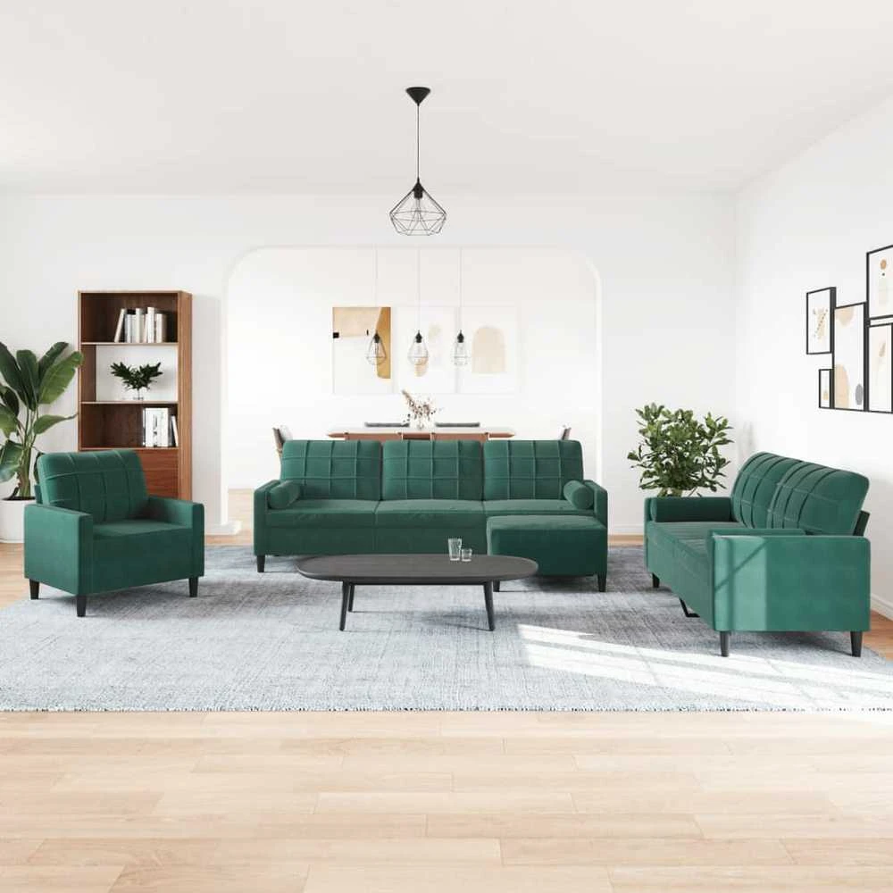 Sofa Sofos komplektas su pagalvėlėmis, 4 dalių, žalias, aksomas
