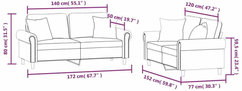 Sofa Sofos komplektas su pagalvėmis, 2 dalių, pilkas, aksomas