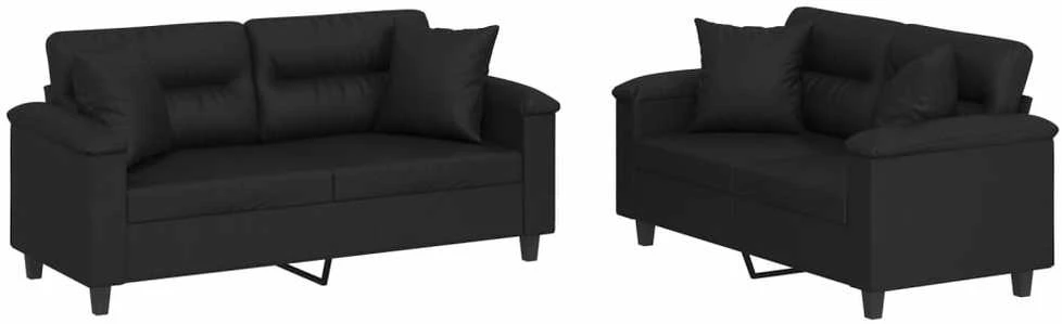 Sofa Sofos komplektas su pagalvėmis, 2 dalių, juodas, dirbtinė oda