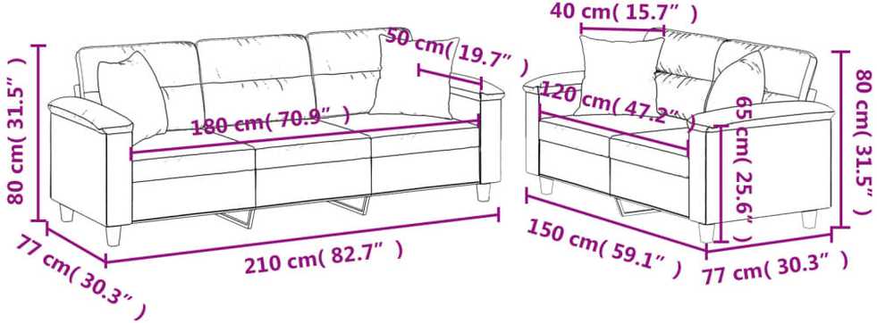 Sofa Sofos komplektas su pagalvėmis, 2 dalių, smėlio, audinys