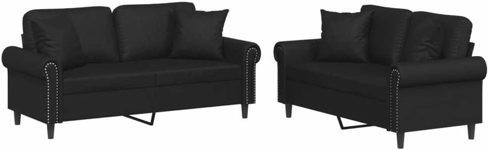 Sofa Sofos komplektas su pagalvėmis, 2 dalių, juodas, dirbtinė oda