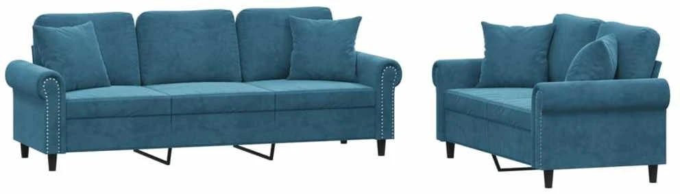 Sofa Sofos komplektas su pagalvėmis, 2 dalių, mėlynas, aksomas