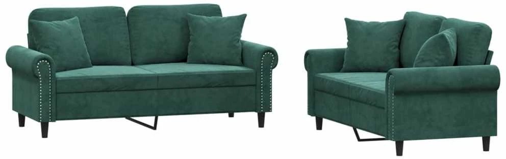 Sofa Sofos komplektas su pagalvėmis, 2 dalių, žalias, aksomas