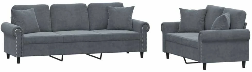 Sofa Sofos komplektas su pagalvėmis, 2 dalių, pilkas, aksomas
