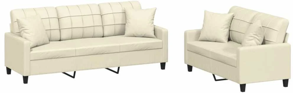 Sofa Sofos komplektas su pagalvėmis, 2 dalių, kreminis, dirbtinė oda
