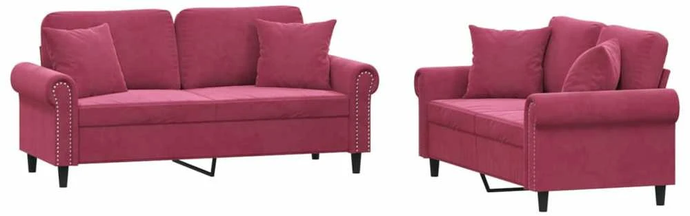 Sofa Sofos komplektas su pagalvėmis, 2 dalių, vyno, aksomas