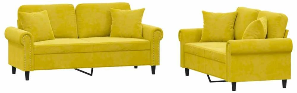 Sofa Sofos komplektas su pagalvėmis, 2 dalių, geltonas, aksomas