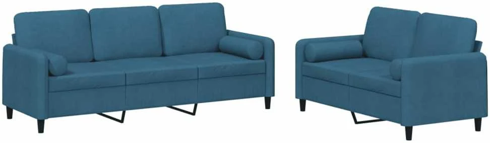 Sofa Sofos komplektas su pagalvėmis, 2 dalių, mėlynas, aksomas