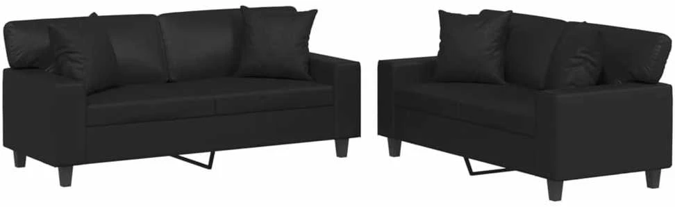 Sofa Sofos komplektas su pagalvėmis, 2 dalių, juodas, dirbtinė oda