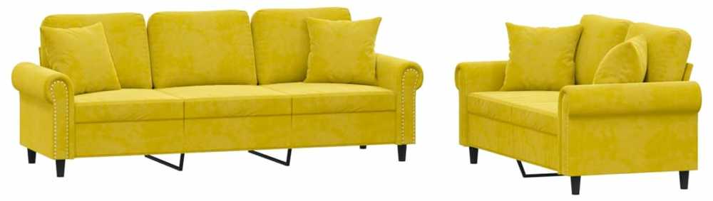 Sofa Sofos komplektas su pagalvėmis, 2 dalių, geltonas, aksomas